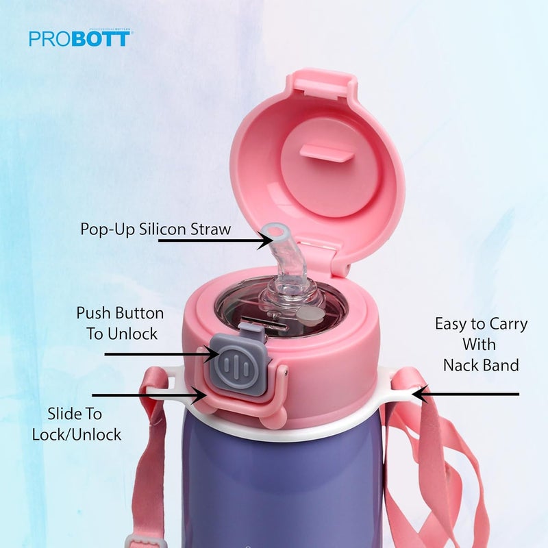 PROBOTT Probott Cutie 320ml Stainless Steel Hot & Cold Water Bottle for 3-5yrs Kids, Purple | Double Walled Vacuum Flask | Sipper Bottle with Straw & Strap for School | Perfect for Toddlers | Leak Proof  - Image 2