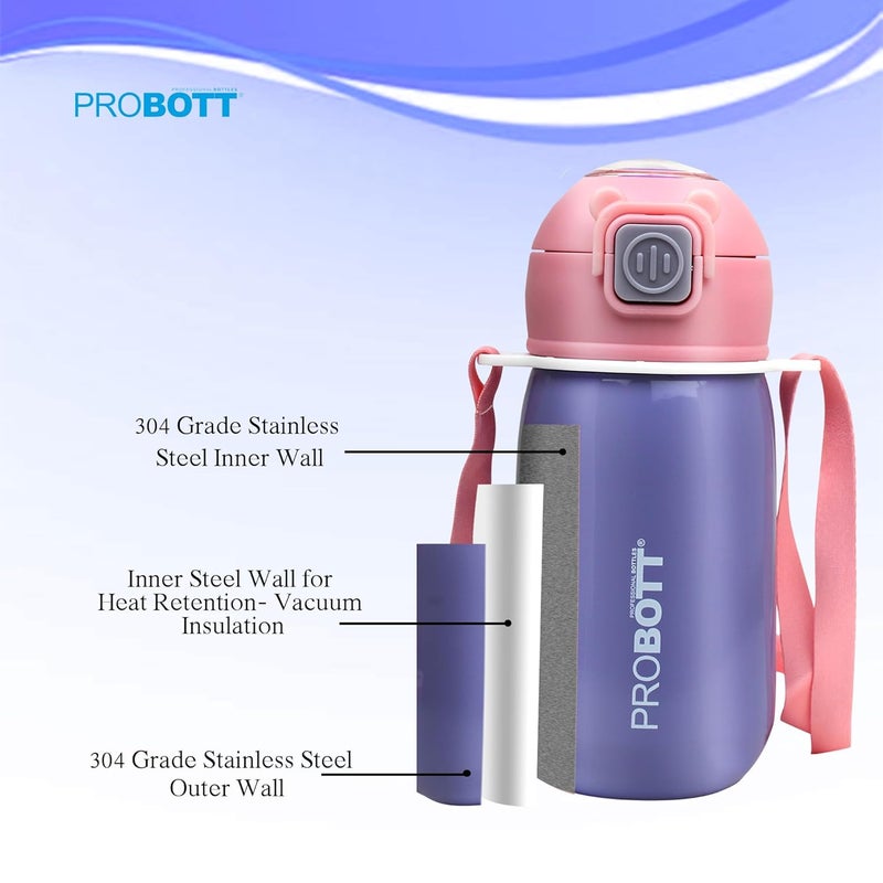 PROBOTT Probott Cutie 320ml Stainless Steel Hot & Cold Water Bottle for 3-5yrs Kids, Purple | Double Walled Vacuum Flask | Sipper Bottle with Straw & Strap for School | Perfect for Toddlers | Leak Proof  - Image 3