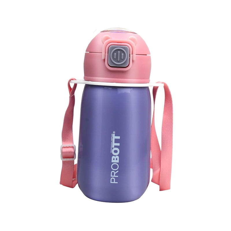 PROBOTT Probott Cutie 320ml Stainless Steel Hot & Cold Water Bottle for 3-5yrs Kids, Purple | Double Walled Vacuum Flask | Sipper Bottle with Straw & Strap for School | Perfect for Toddlers | Leak Proof  - Image 1