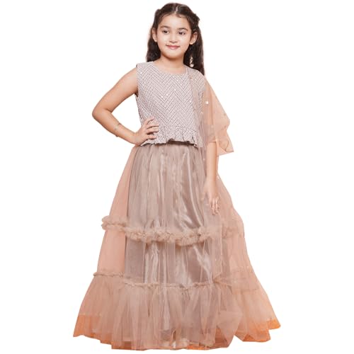 AJ DEZINES Kids Ethnic Wear Chiffli Chikankari Printed Beige Lehenga Ghagra Choli Set For Girls (G-LH08-FAWN-24) - Image 1