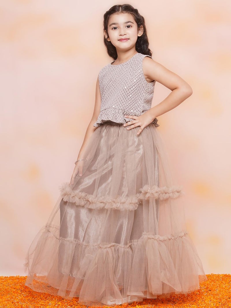 AJ DEZINES Kids Ethnic Wear Chiffli Chikankari Printed Beige Lehenga Ghagra Choli Set For Girls (G-LH08-FAWN-24) - Image 5