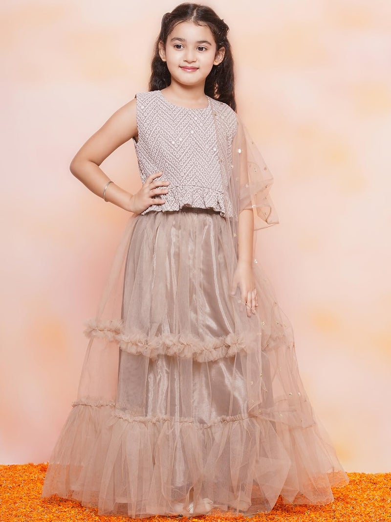AJ DEZINES Kids Ethnic Wear Chiffli Chikankari Printed Beige Lehenga Ghagra Choli Set For Girls (G-LH08-FAWN-24) - Image 2
