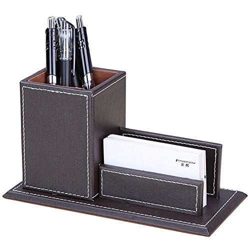 KINGFOM PU Leather Desk Organizer and Accessories Pencil Holder for Desk with Business Cards Stand School Office Supplies Collection Caddy Brown - Image 3