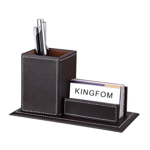 KINGFOM PU Leather Desk Organizer and Accessories Pencil Holder for Desk with Business Cards Stand School Office Supplies Collection Caddy Brown - Image 1