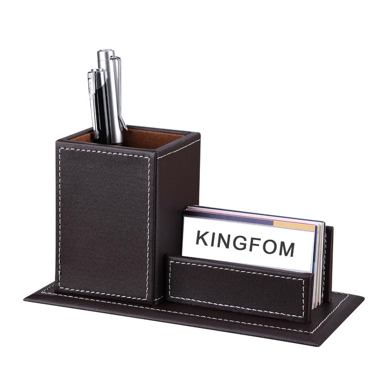KINGFOM PU Leather Desk Organizer and Accessories Pencil Holder for Desk with Business Cards Stand School Office Supplies Collection Caddy Brown - Image 2