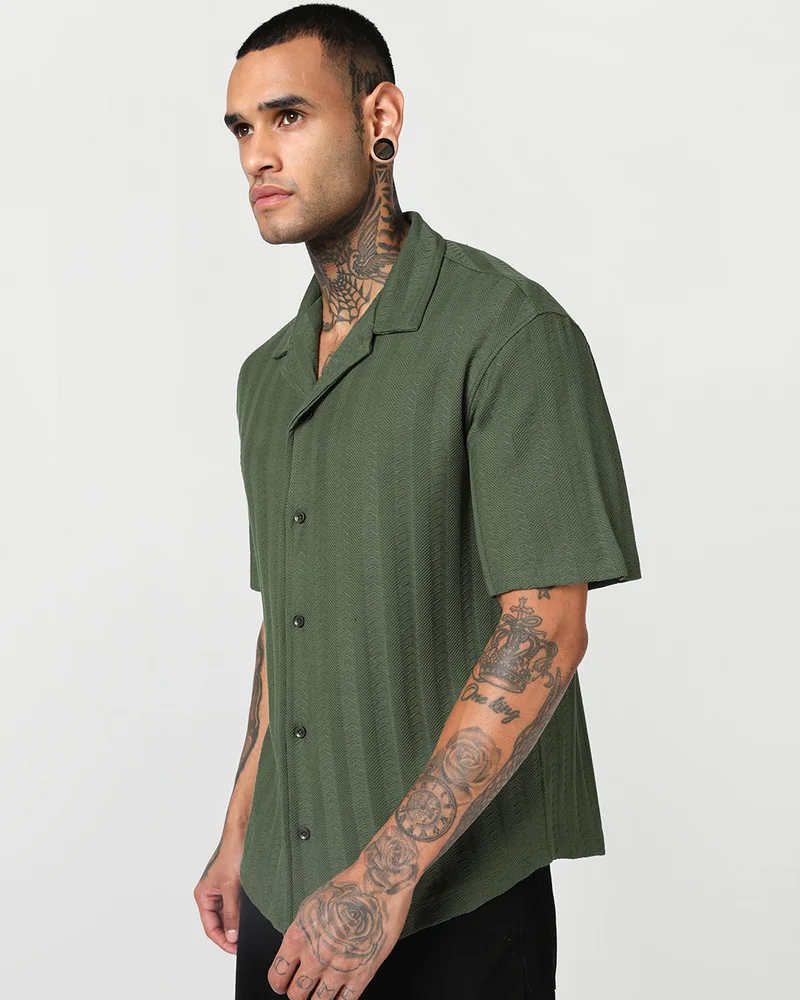 بيواكوف Men's Olive Green Textured Oversized Shirt