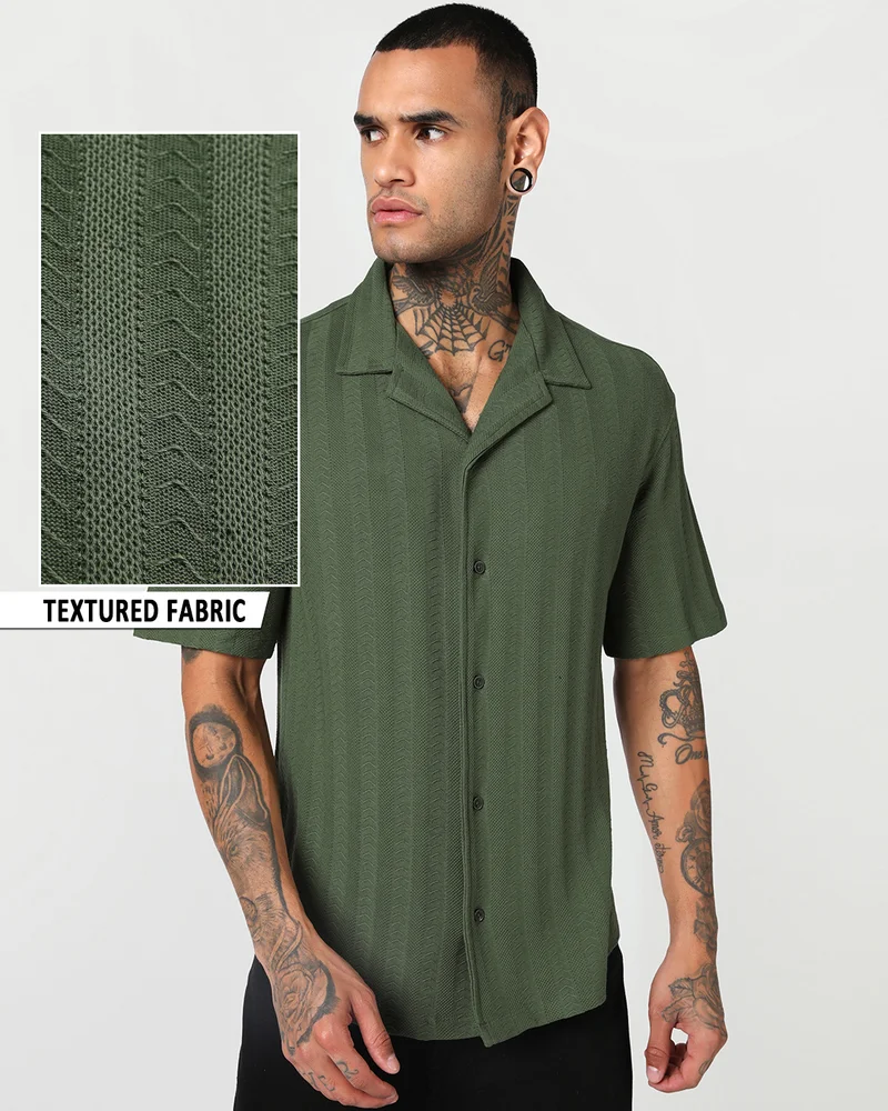 بيواكوف Men's Olive Green Textured Oversized Shirt