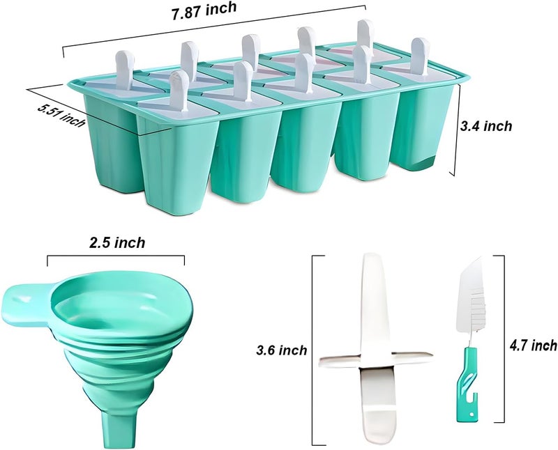 BRENSTEN Silicone Popsicle Molds 10 Pcs Ice Pop Maker Molds with 10 Reusable Sticks, Cleaning Brush and Funnel - Homemade Easy-Release Reusable Popsicle Moulds Shapes (Green) - Image 4