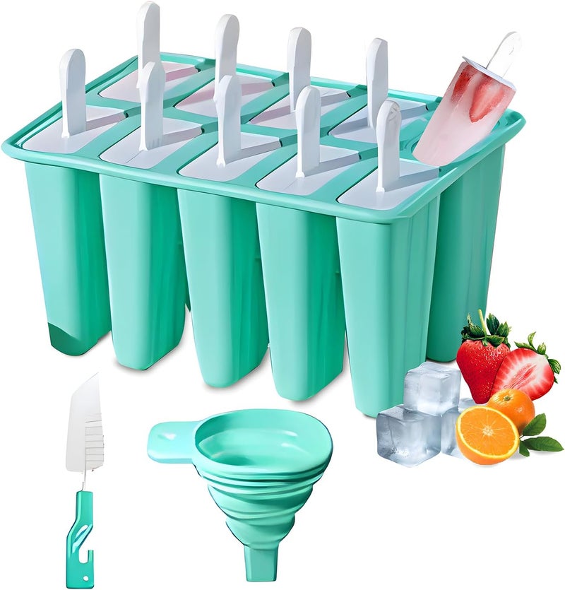 BRENSTEN Silicone Popsicle Molds 10 Pcs Ice Pop Maker Molds with 10 Reusable Sticks, Cleaning Brush and Funnel - Homemade Easy-Release Reusable Popsicle Moulds Shapes (Green) - Image 1