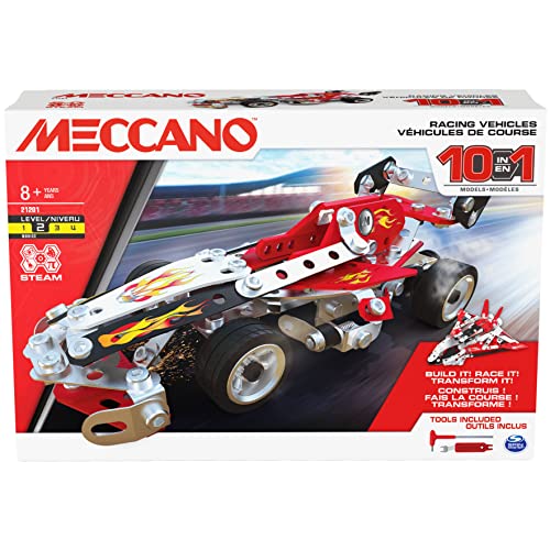 MECCANO, 10-in-1 Racing Vehicles STEM Model Building Kit with 225 Parts and Real Tools, Kids Toys for Ages 8 and up - Image 1