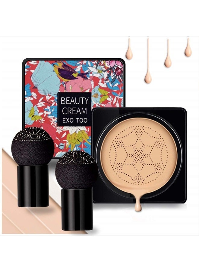 NUIBO Air Cushion CC Cream Mushroom Head, Moisturizing Concealer Makeup Base, Primer Liquid Foundation Long Lasting with Two Mushroom Makeup Sponges 【Natural】【Screw lid】  - Image 1