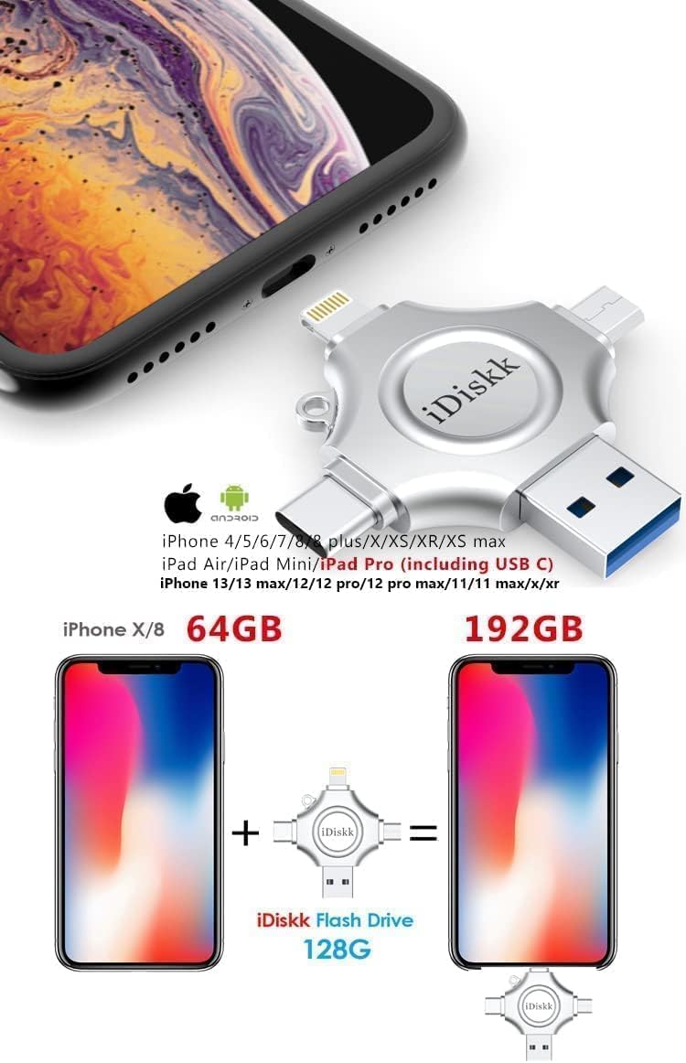 iDiskk محرك فلاش iDiskk بسعة 128 جيجابايت معتمد من MFi لجهاز iPhone 15 و 16 و iPad USB 3.0 محرك Lightning 4 في 1 تخزين خارجي متعدد الوظائف لأجهزة iOS و Android هواتف سامسونج وأجهزة Type C و MacBook محرك الصور - Image 2