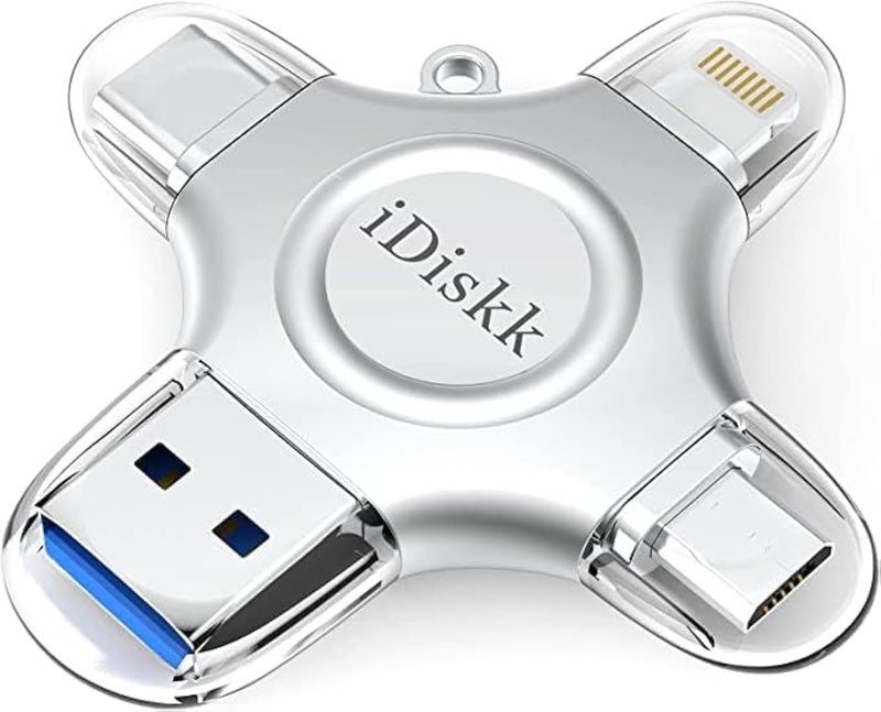 iDiskk محرك فلاش iDiskk بسعة 128 جيجابايت معتمد من MFi لجهاز iPhone 15 و 16 و iPad USB 3.0 محرك Lightning 4 في 1 تخزين خارجي متعدد الوظائف لأجهزة iOS و Android هواتف سامسونج وأجهزة Type C و MacBook محرك الصور - Image 1