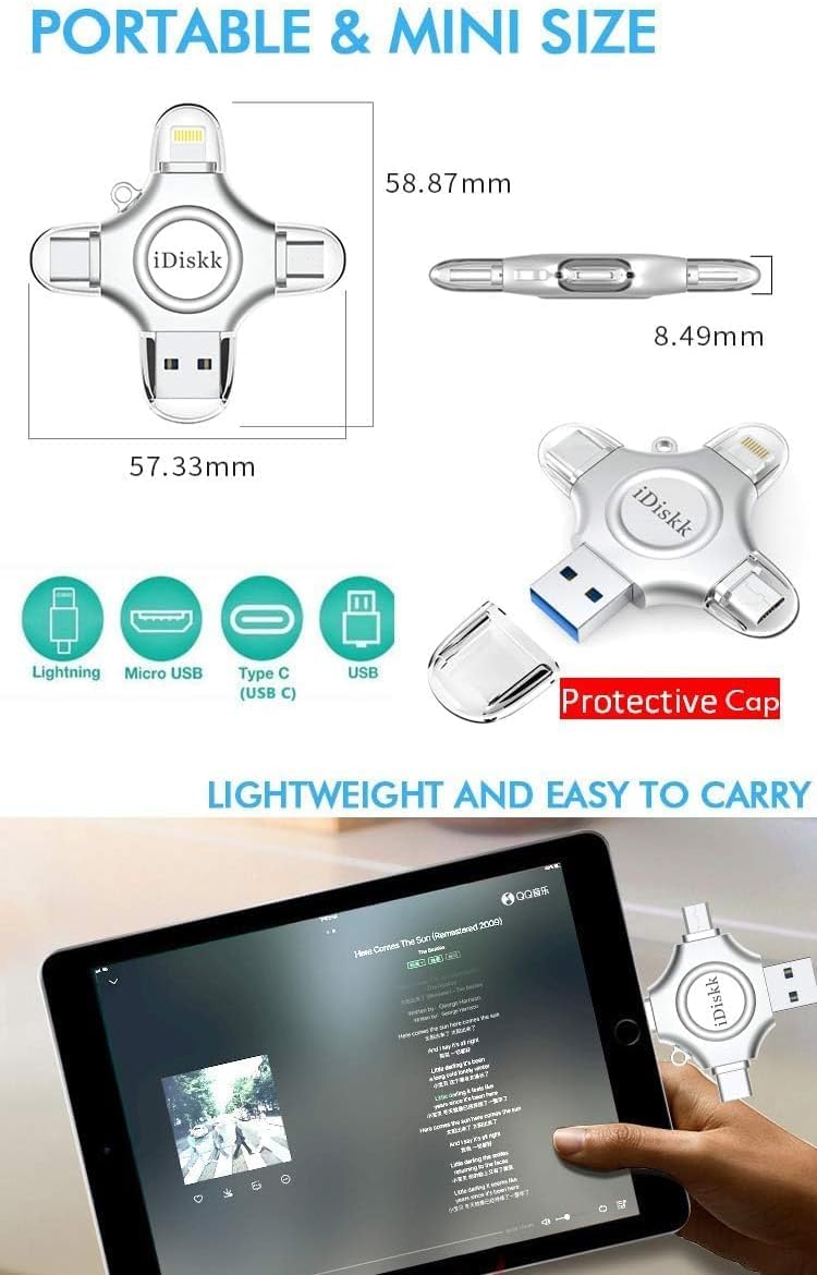 iDiskk محرك فلاش iDiskk بسعة 128 جيجابايت معتمد من MFi لجهاز iPhone 15 و 16 و iPad USB 3.0 محرك Lightning 4 في 1 تخزين خارجي متعدد الوظائف لأجهزة iOS و Android هواتف سامسونج وأجهزة Type C و MacBook محرك الصور - Image 5