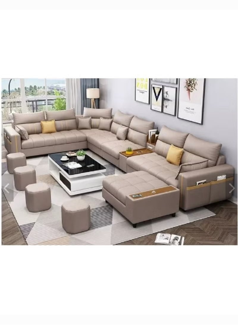 Karnak Zara Modern Couch U Shaped PU Leather Living Room Furniture Chaise Lounge Sectional L Shape Corner Sofa Set Beige 7 Seaters 389x231x86cm