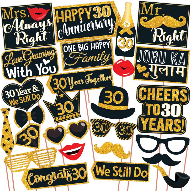 Wobbox 30th Anniversary Photo Booth Party Props DIY Kit with 30th Anniversary Bunting Banner, Golden Gliter & Black, Anniversary Party Decoration - Image 5