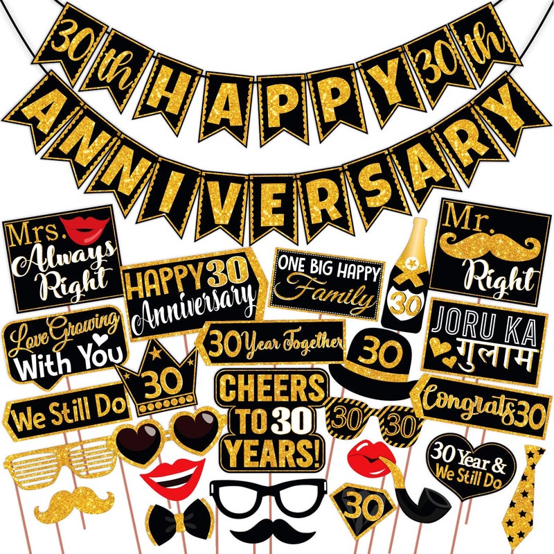 Wobbox 30th Anniversary Photo Booth Party Props DIY Kit with 30th Anniversary Bunting Banner, Golden Gliter & Black, Anniversary Party Decoration - Image 1