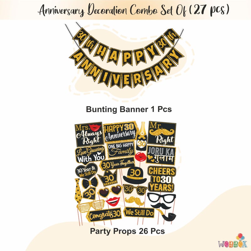 Wobbox 30th Anniversary Photo Booth Party Props DIY Kit with 30th Anniversary Bunting Banner, Golden Gliter & Black, Anniversary Party Decoration - Image 2