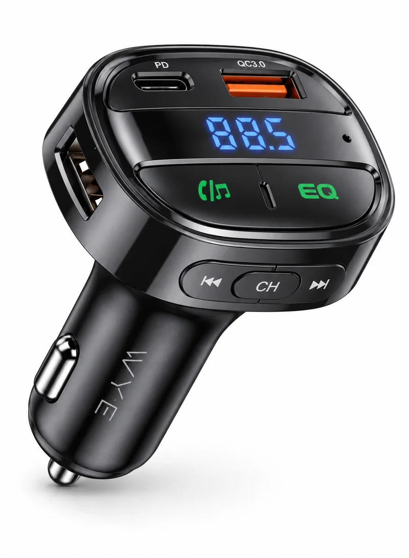 واي شاحن سيارة وناقل إف إم WYE FLUX Y-FM7 بلوتوث 5.4 مع شحن سريع 30 واط USB-C PD و QC 3.0، أسود