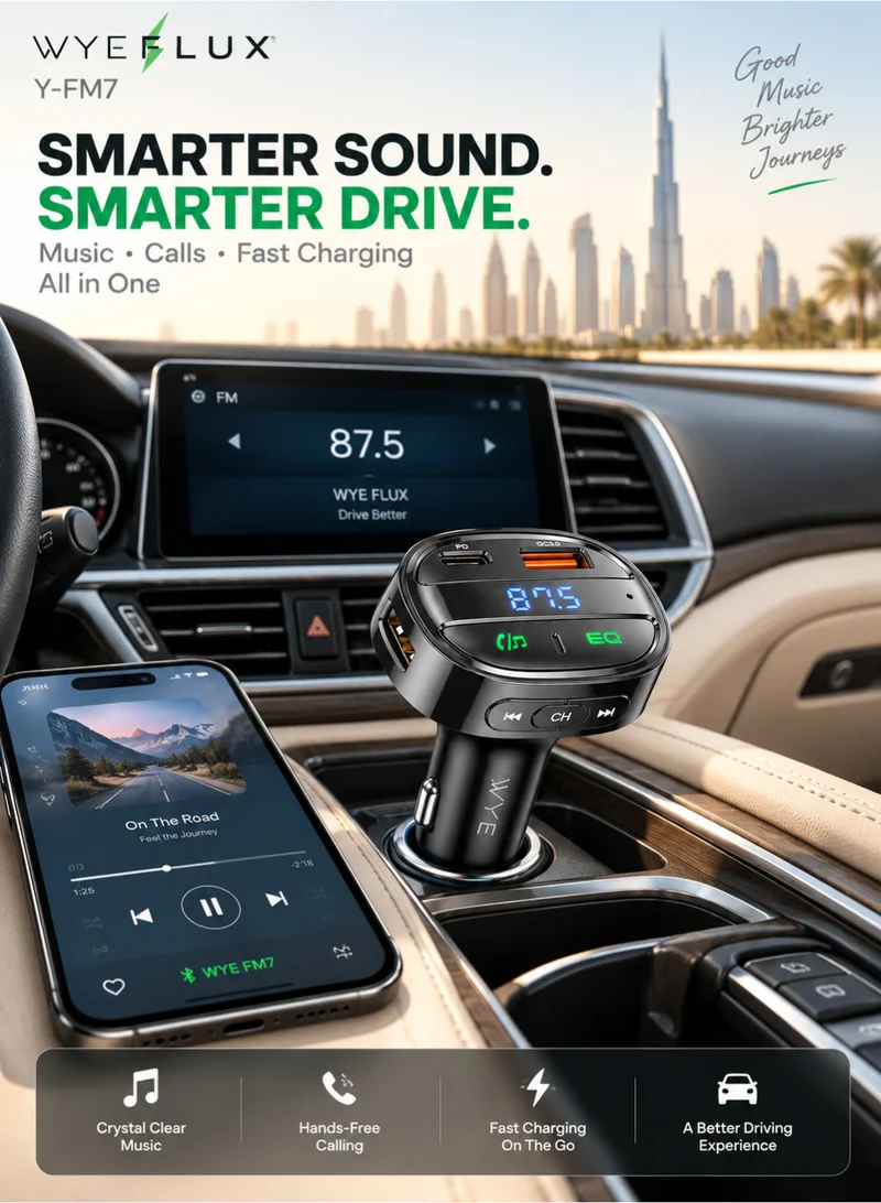واي شاحن سيارة وناقل إف إم WYE FLUX Y-FM7 بلوتوث 5.4 مع شحن سريع 30 واط USB-C PD و QC 3.0، أسود
