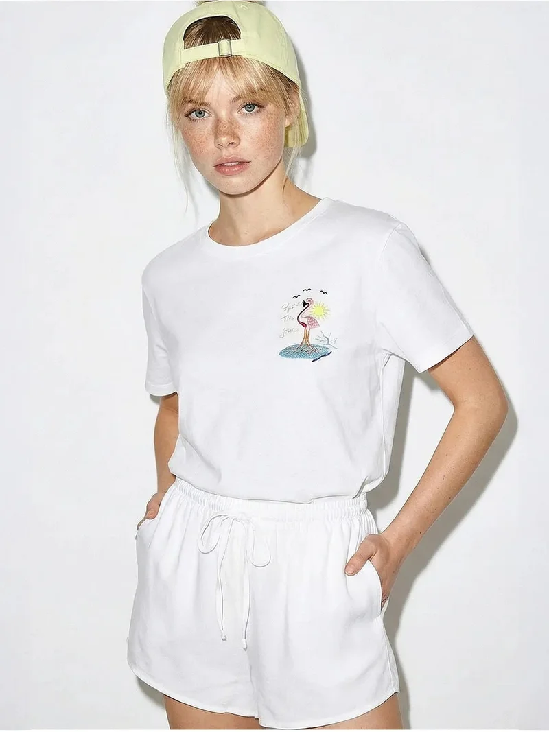 بيانكو لوتشي LUCCI Embroidered Crew Neck Cotton T-Shirt