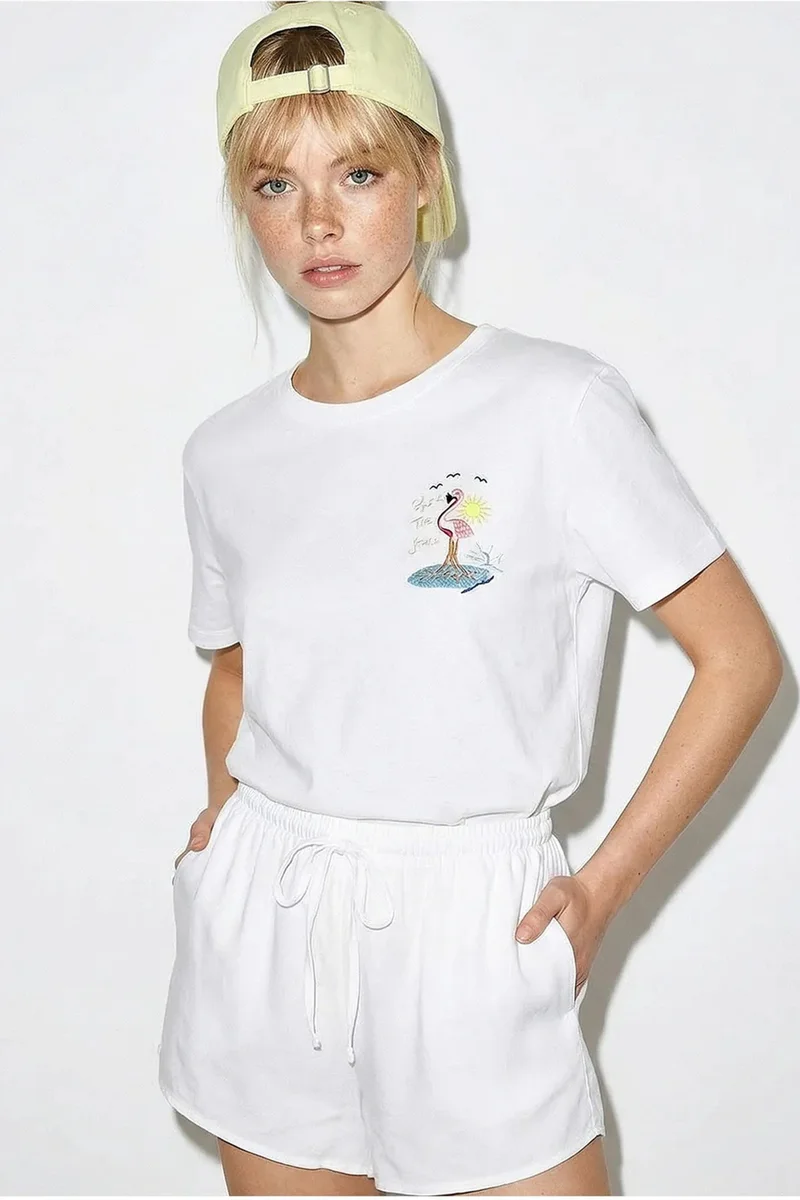 بيانكو لوتشي LUCCI Embroidered Crew Neck Cotton T-Shirt