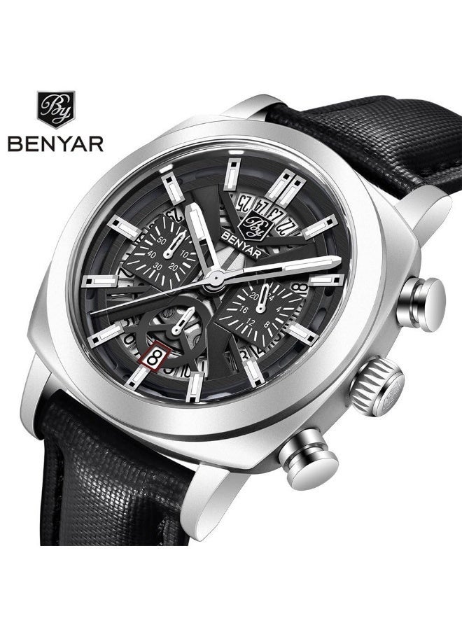 BENYAR Mens Watches Analog Quartz Leather Band Stylish Sports Designer Wrist Watch 50M Waterproof Elegant Gift for Men 5205 Black - Image 2