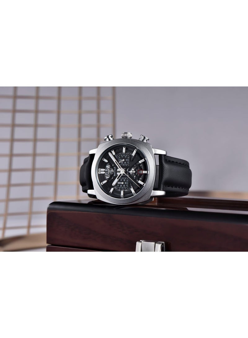 BENYAR Mens Watches Analog Quartz Leather Band Stylish Sports Designer Wrist Watch 50M Waterproof Elegant Gift for Men 5205 Black - Image 5