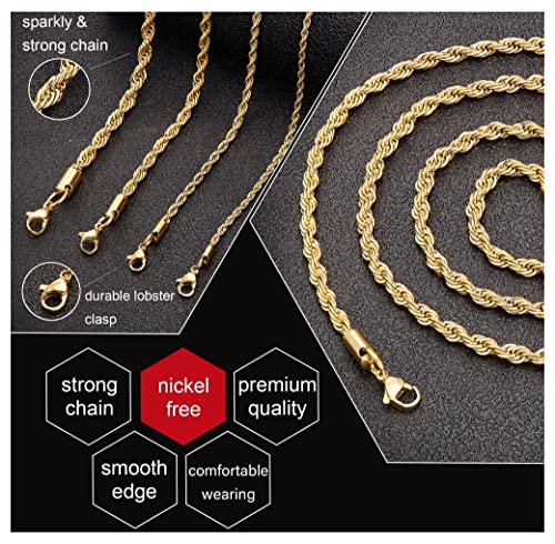 Monily 24K Gold-Plated Chain Necklace for Men 2.5MM 20 Inches Stainless Steel Twist Rope Chain for Women Mens - Image 5