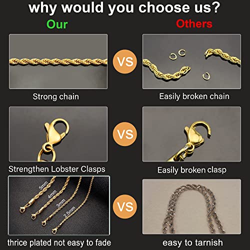 Monily 24K Gold-Plated Chain Necklace for Men 2.5MM 20 Inches Stainless Steel Twist Rope Chain for Women Mens - Image 2