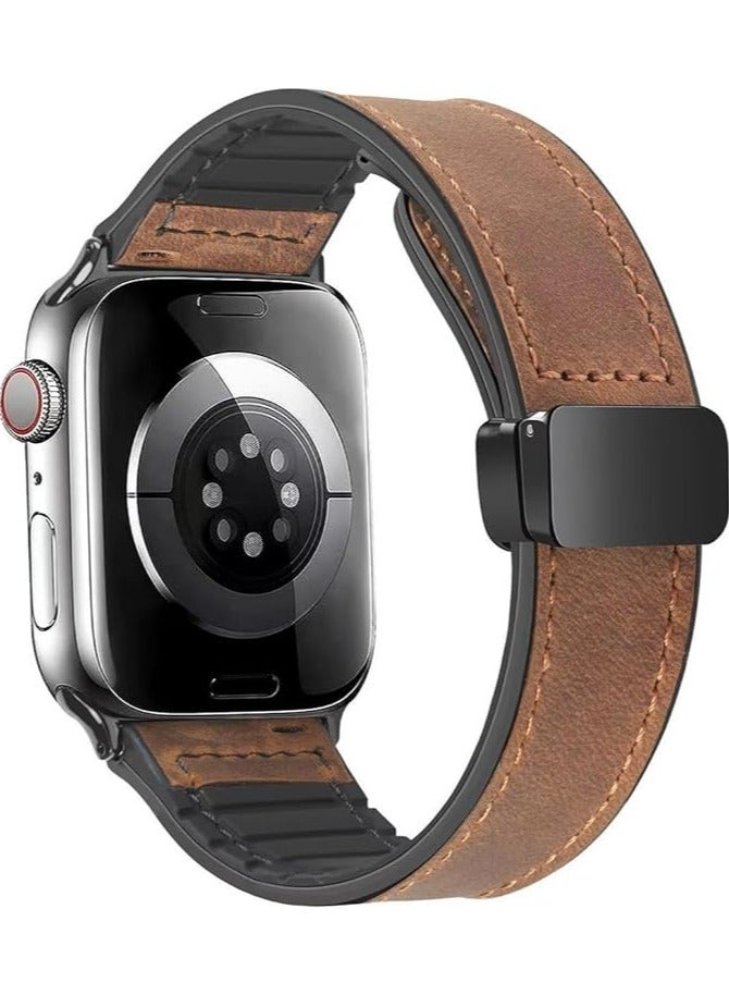 ملائكي  **أشرطة جلدية مغناطيسية متوافقة مع Apple Watch مقاسات 49 مم، 46 مم، 45 مم، 44 مم، و42 مم (السلسلة 3/2/1) للرجال والنساء.**   تصميم جلد طبيعي عالي الجودة مع مشبك مغناطيسي، مناسب لساعات iWatch Ultra 1/2، والسلسلة SE/10/9/8/7/6/5/4/3. - Image 1