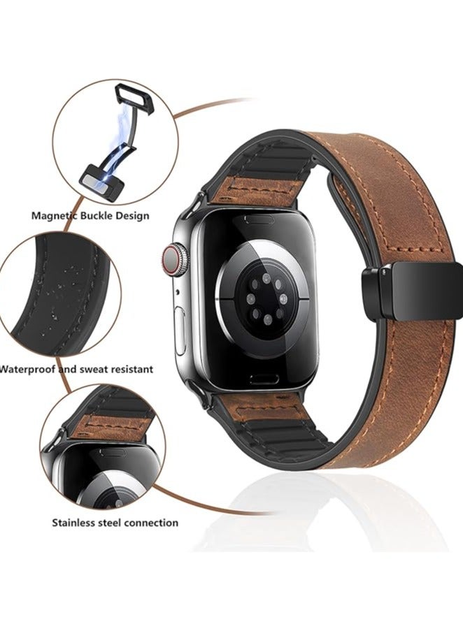 ملائكي  **أشرطة جلدية مغناطيسية متوافقة مع Apple Watch مقاسات 49 مم، 46 مم، 45 مم، 44 مم، و42 مم (السلسلة 3/2/1) للرجال والنساء.**   تصميم جلد طبيعي عالي الجودة مع مشبك مغناطيسي، مناسب لساعات iWatch Ultra 1/2، والسلسلة SE/10/9/8/7/6/5/4/3. - Image 2