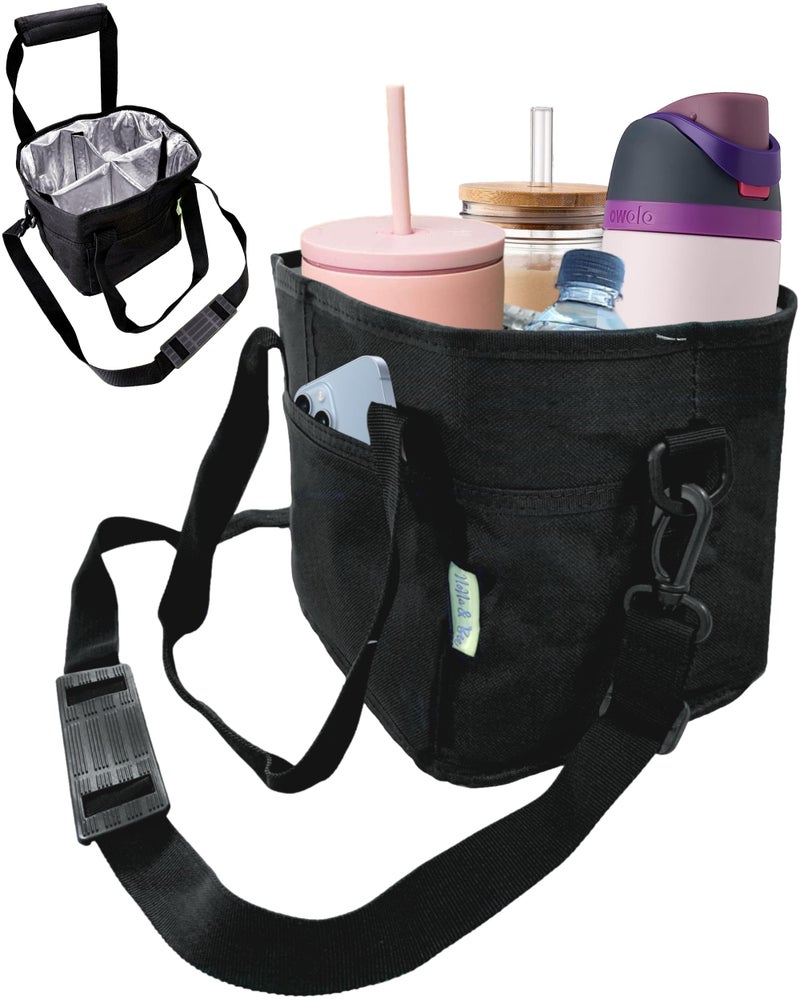 NoNa & Bee 4 Water Bottle Holder with Strap | Family Size 4 Compartment Drink Bag, Multiple Tumbler Carrier Caddy | Adjustable Fits Large & Small Drinks | Hands Free, Won't Tip Over in Car (Black) - Image 1