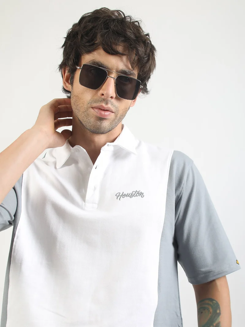 مانياك Maniac Mens Rock Printed Round Neck Half Sleeve White and Grey Cotton T-Shirt