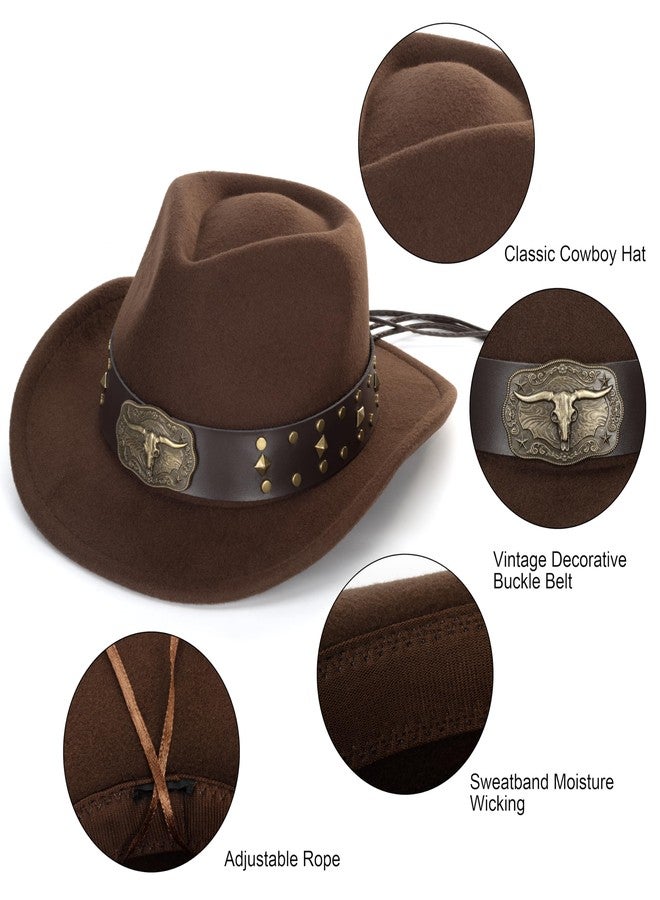 OVOY Kids Western Cowboy Hat Wide Brim for Boys Girls - Felt Vintage Jazz Fedora Cowgirl Hats for Kids 3-7Years Coffee - Image 2
