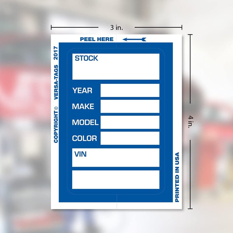 Versa-Tags Car Dealer Stock Stickers Improved Design 100 Blue Inventory Window Stickers Kleer-bak Windshield Stickers Printed in The USA 3'' by 4" - Image 3
