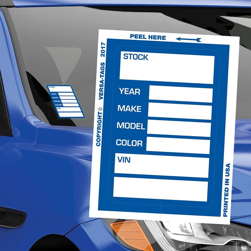 Versa-Tags Car Dealer Stock Stickers Improved Design 100 Blue Inventory Window Stickers Kleer-bak Windshield Stickers Printed in The USA 3'' by 4" - Image 5