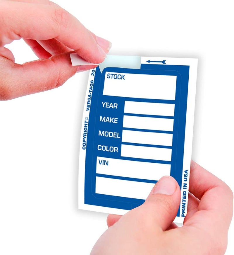 Versa-Tags Car Dealer Stock Stickers Improved Design 100 Blue Inventory Window Stickers Kleer-bak Windshield Stickers Printed in The USA 3'' by 4" - Image 2