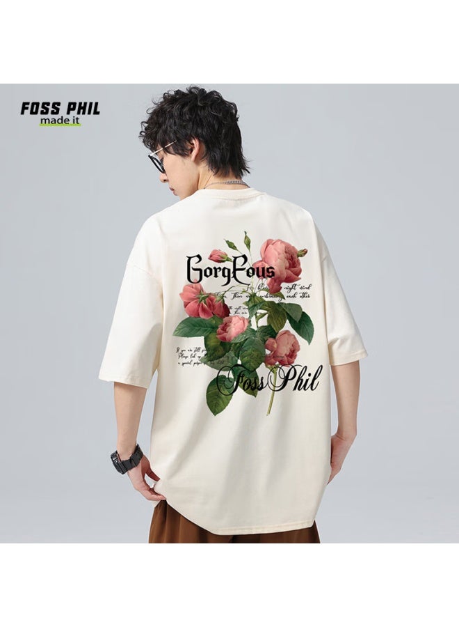 Foss Phil Short-sleeve T-shirt For Men And Women, Summer Pure Cotton American Trendy Fashion Printed Undershirt, Men's Clothing Dt14, Apricot Color, Size S - Image 1