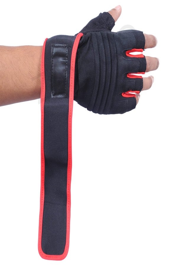 ZaySoo Leather Gym Gloves for Professional Weightlifting, Fitness Training and Workout | with Half-Finger Length, Wrist Wrap for Protection | and Tactical Thumb - Black&Red - Image 3