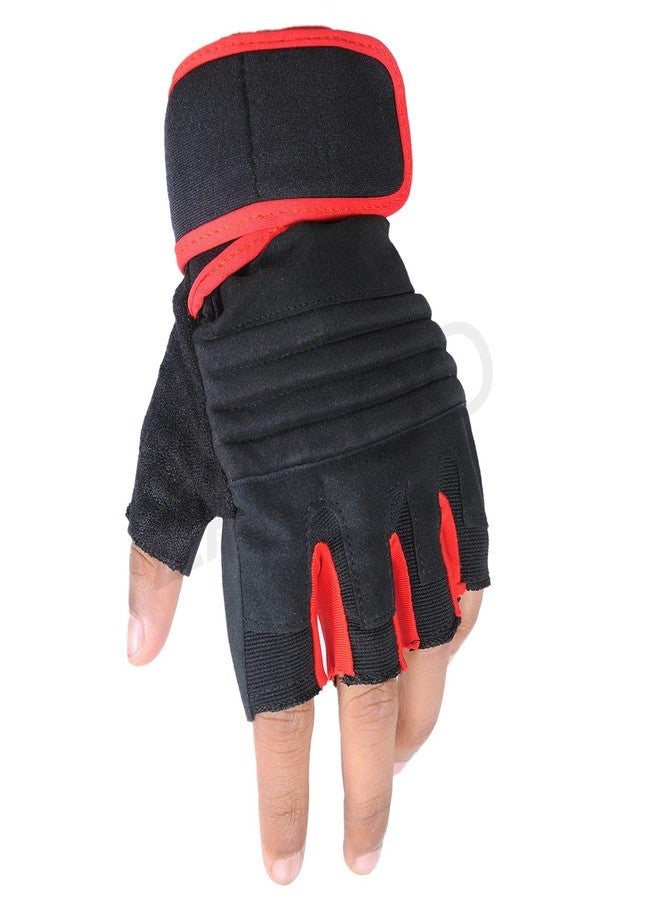 ZaySoo Leather Gym Gloves for Professional Weightlifting, Fitness Training and Workout | with Half-Finger Length, Wrist Wrap for Protection | and Tactical Thumb - Black&Red - Image 1