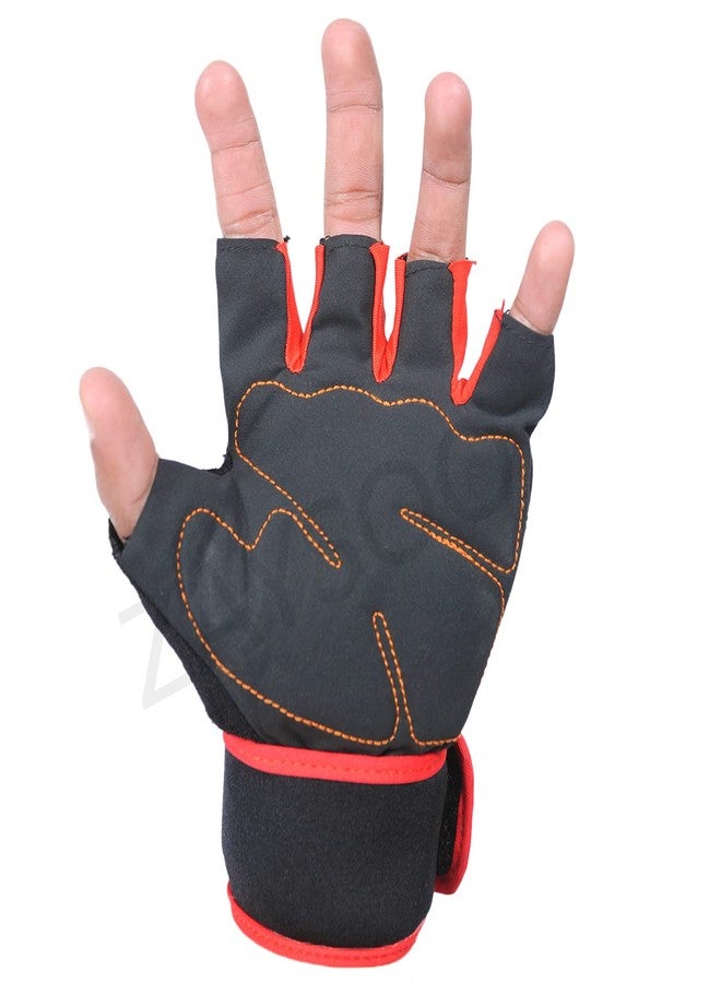 ZaySoo Leather Gym Gloves for Professional Weightlifting, Fitness Training and Workout | with Half-Finger Length, Wrist Wrap for Protection | and Tactical Thumb - Black&Red - Image 4