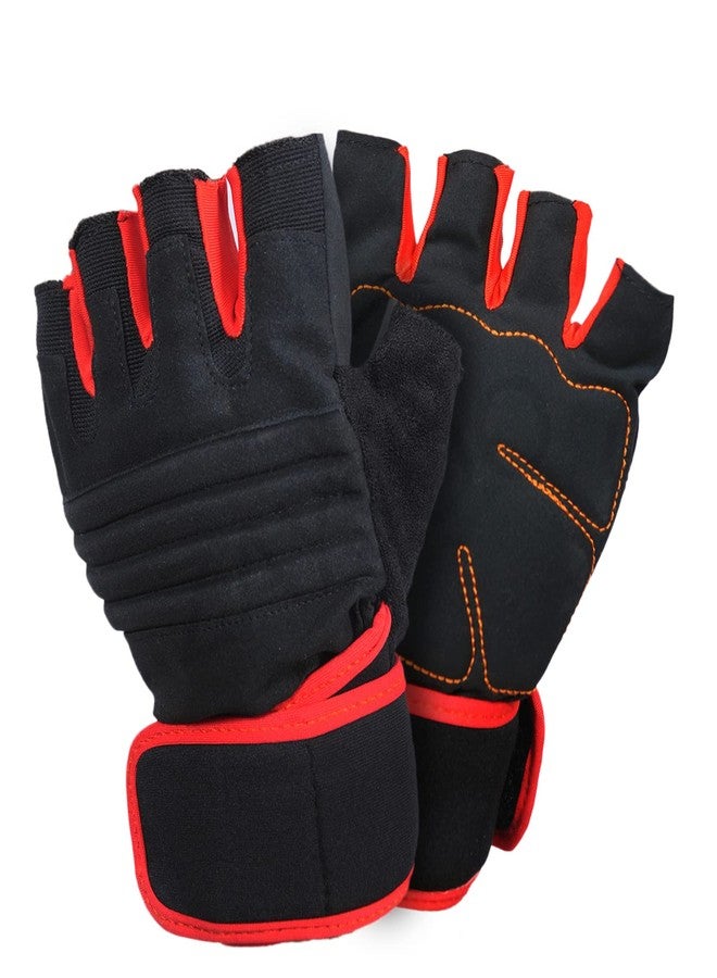 ZaySoo Leather Gym Gloves for Professional Weightlifting, Fitness Training and Workout | with Half-Finger Length, Wrist Wrap for Protection | and Tactical Thumb - Black&Red - Image 2
