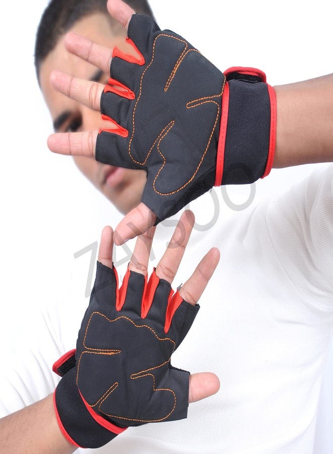 ZaySoo Leather Gym Gloves for Professional Weightlifting, Fitness Training and Workout | with Half-Finger Length, Wrist Wrap for Protection | and Tactical Thumb - Black&Red - Image 5