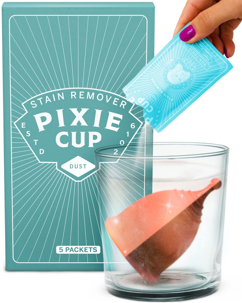 Pixie Cup Stain Remover - The Only Sterilizer Cleaner that Will Remove Stains On Your Reusable Menstrual Discs & Period Cups - Organic and Natural Ingredients for Feminine Care (5 Packets) - Image 1
