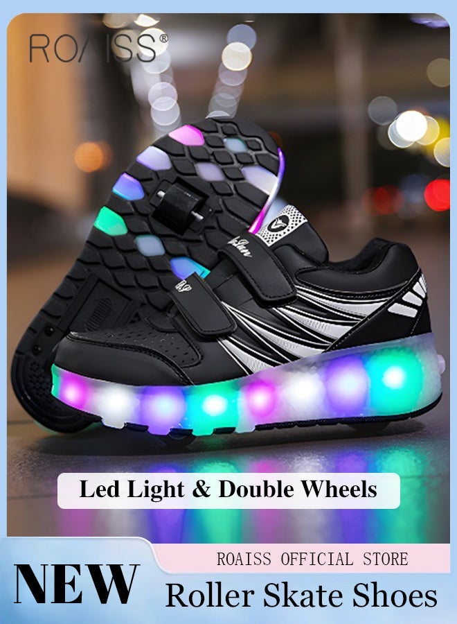 roaiss Kids Unisex Double Wheel Roller Skates Shoes LED Light Multimode Adjustable Rechargeable Velcro Sneakers for Children Boys and Girls Outdoors Luminous Shoes with Detachable Roll Wheels - Image 2
