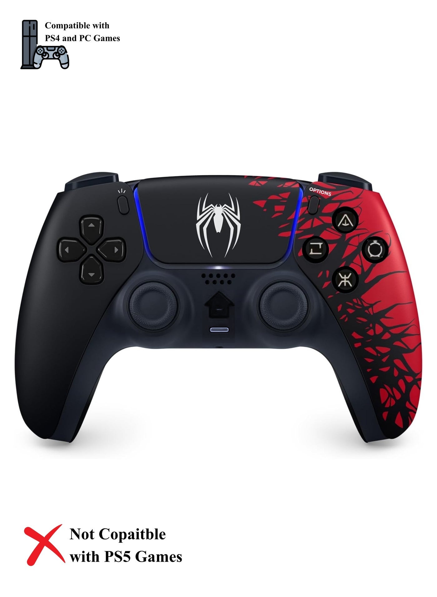 Sundi Wireless Controller for PS4 Spider Print Black & Red V2 Gamepad, DualShock Style Joystick with Non-Slip Grip, 3.5mm Audio Jack, Wireless Bluetooth Gaming Controller for PlayStation 4 Console