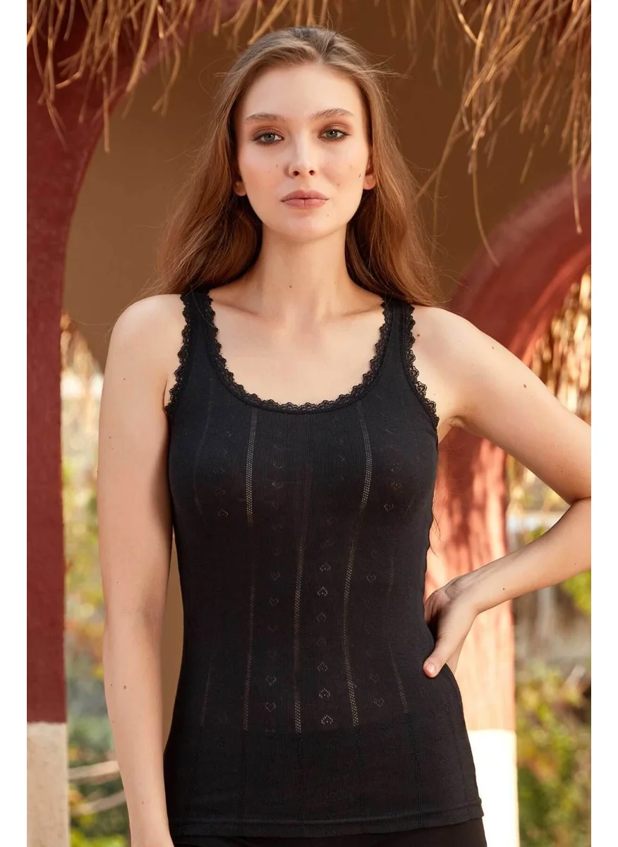 بيراك Clear Heart Patterned Lace Collar Thick Strap Black Undershirt