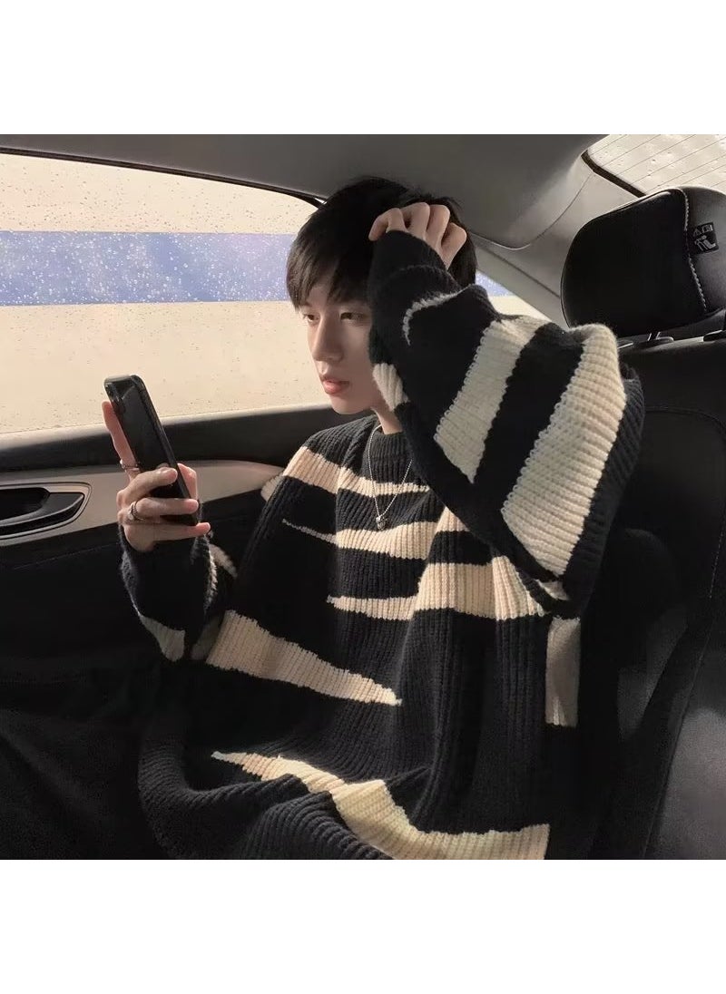Generic - Mens Striped Sweater Autumn Winter Casual Knitwear Black - Image 1