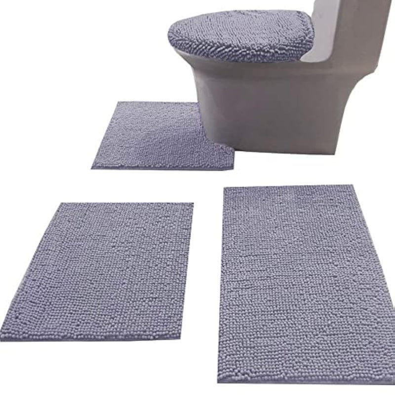 Madeals Chenille Bath Rug Set with Toilet Lid Cover and UShaped Toilet Floor Rug Grey